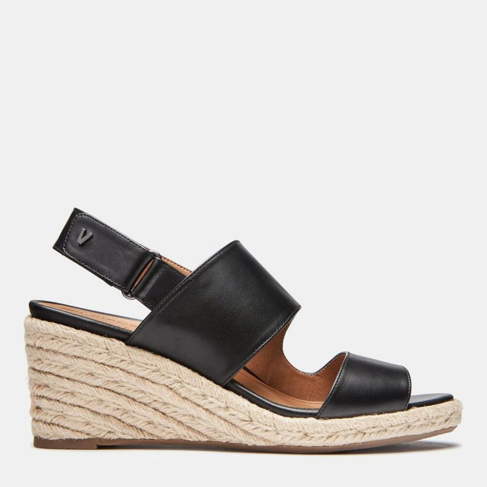 Vionic Black Leather Espadrille Rope Wedge Sandals